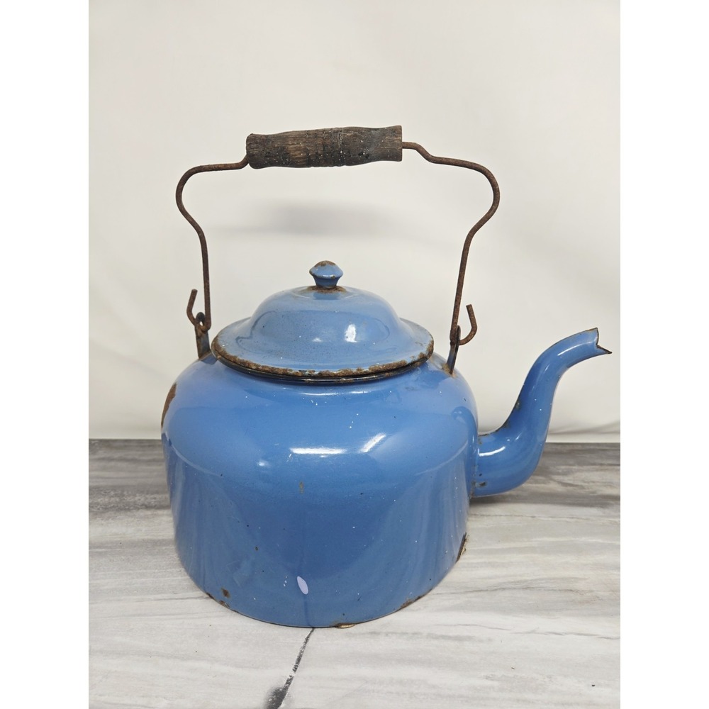 Blue Big Tea Coffee KETTLE Pot VIntage 30-40's ENAMELWARE Steel DISPLAY Distress